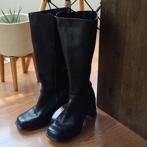 Zippered square toe chunky heels long boots
